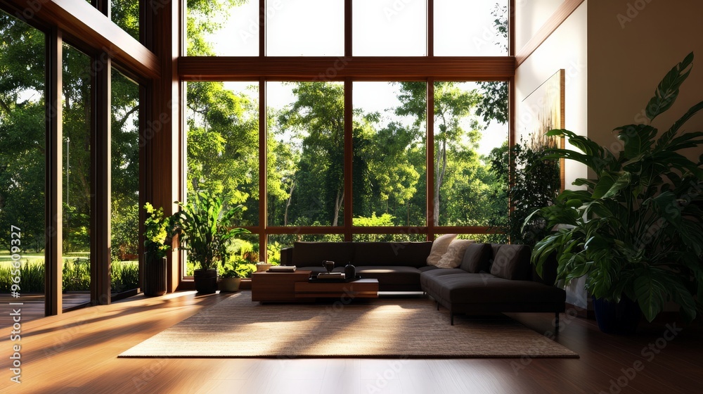 Modern living room with large windows, lush indoor plants, and cozy furniture bathed in natural light, overlooking a green outdoor view. Modern living room with large windows, lush indoor plants, and cozy furniture bathed in natural light, overlooking a green outdoor view.