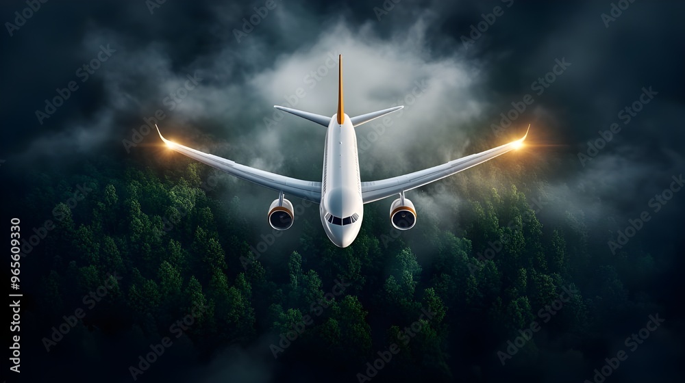 Fototapeta premium An environmentally sustainable biofuel concept of a white airplane flying over green trees, 