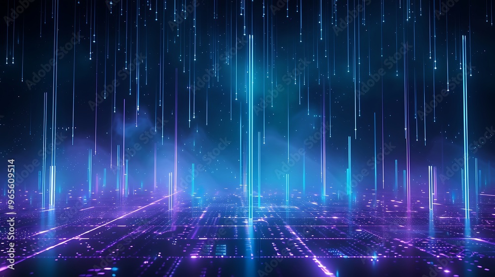 A vibrant, futuristic digital landscape with glowing lines and particles creating a sense of depth and technology. Stage for product presentation. A vibrant, futuristic digital landscape with glowing lines and particles creating a sense of depth and technology. Stage for product presentation.