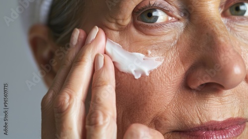 Woman in her 50s applying anti-aging cream close-up photo with clean background --ar 16:9 Job ID: 20ab8620-5260-44f4-a5dd-d3686237fa15 photo