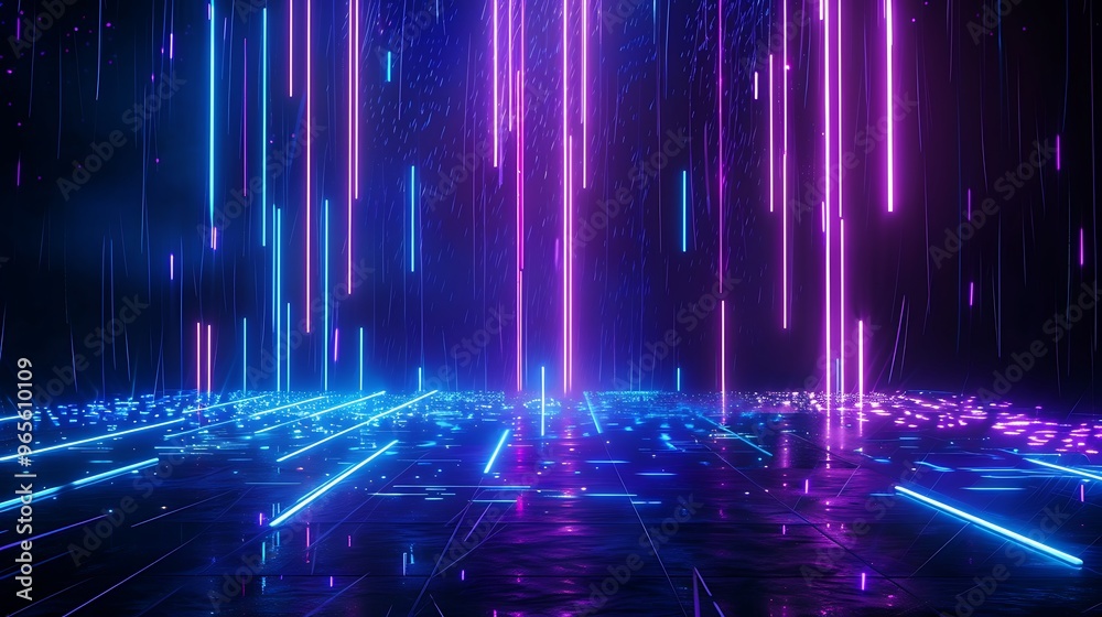 A vibrant abstract scene featuring glowing neon lines and beams, creating a futuristic atmosphere with a digital aesthetic. Stage for product presentation. A vibrant abstract scene featuring glowing neon lines and beams, creating a futuristic atmosphere with a digital aesthetic. Stage for product presentation.