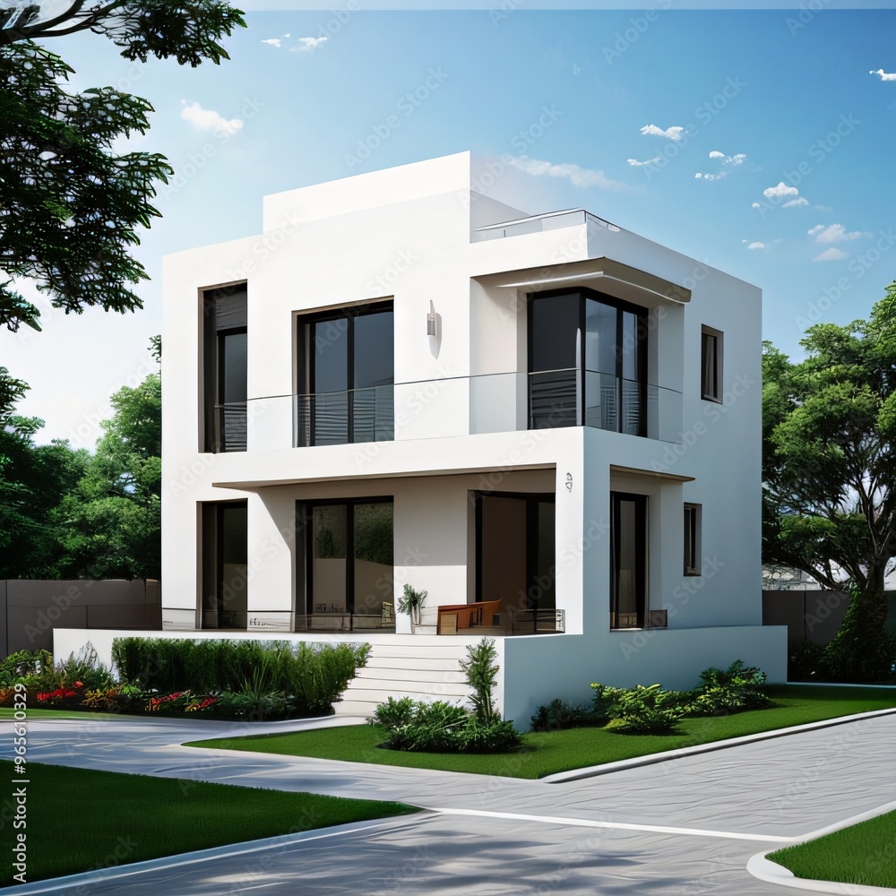 Obraz premium Modern luxury house with a well-manicured lawn..