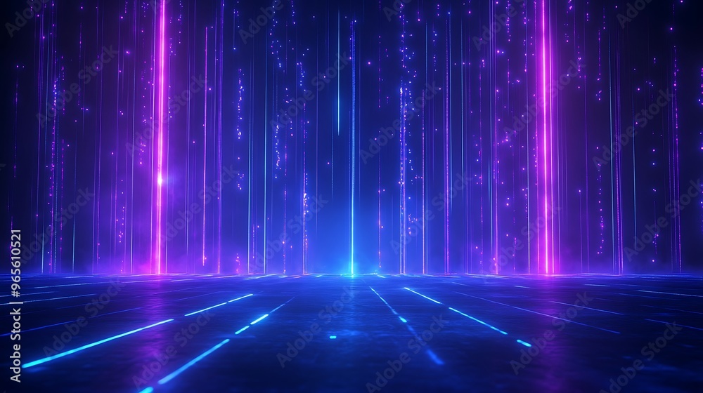A vibrant digital abstract background featuring glowing lines and beams in purple and blue tones, perfect for technology themes. Stage for product presentation. A vibrant digital abstract background featuring glowing lines and beams in purple and blue tones, perfect for technology themes. Stage for product presentation.