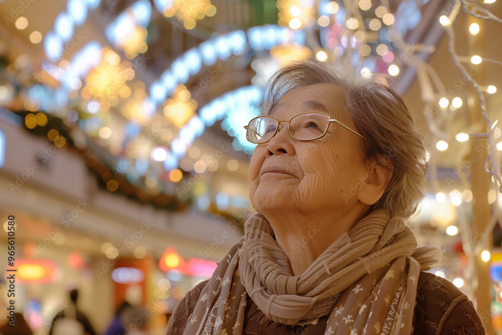 Fototapeta premium Elderly Woman is Joyously Enjoying the Beautiful Holiday Lights Displayed Around Her. Generative AI