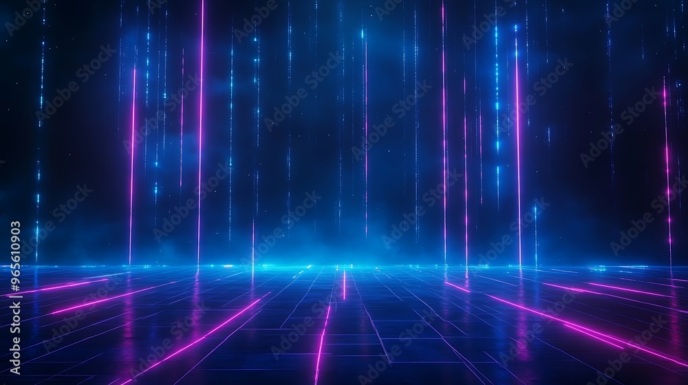 A vibrant digital background showcasing glowing lines in blue and pink, creating a futuristic atmosphere perfect for technology themes. Stage for product presentation. A vibrant digital background showcasing glowing lines in blue and pink, creating a futuristic atmosphere perfect for technology themes. Stage for product presentation.