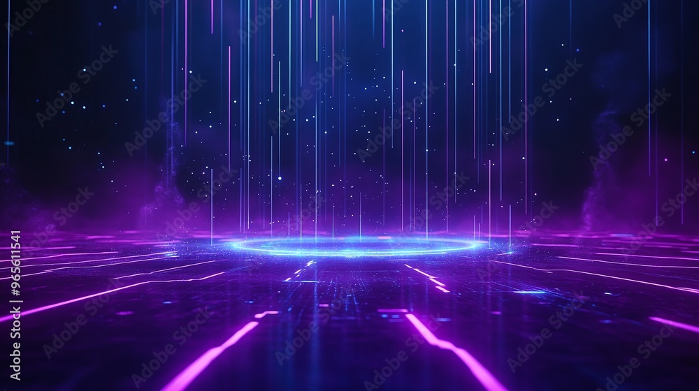A vibrant digital landscape featuring glowing lines and beams of light emanating from a central point in a cosmic setting. Stage for product presentation. A vibrant digital landscape featuring glowing lines and beams of light emanating from a central point in a cosmic setting. Stage for product presentation.
