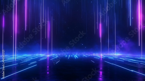 A vibrant digital landscape featuring glowing neon lines and a deep blue background, perfect for futuristic themes. Stage for product presentation.