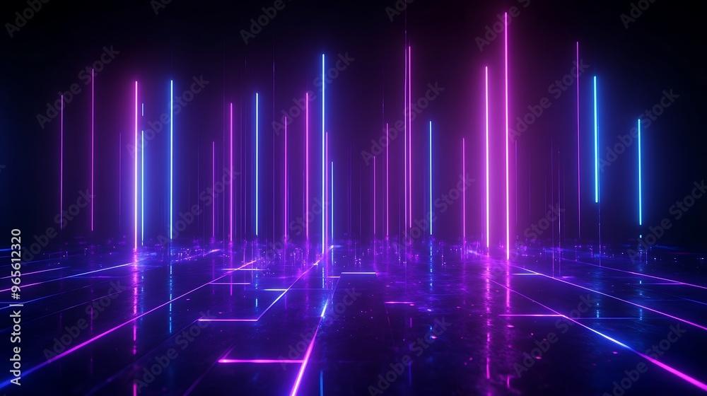 A vibrant digital landscape featuring glowing pink and blue neon lights reflecting off a dark surface, creating a futuristic atmosphere. Stage for product presentation. A vibrant digital landscape featuring glowing pink and blue neon lights reflecting off a dark surface, creating a futuristic atmosphere. Stage for product presentation.