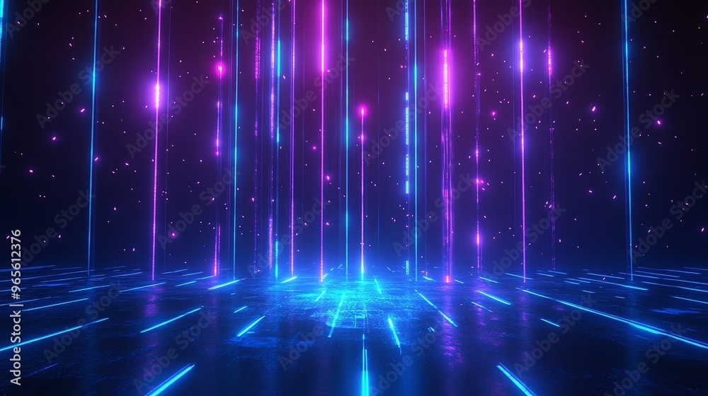 A vibrant digital landscape featuring glowing vertical lines in shades of blue and purple, creating a futuristic atmosphere. Stage for product presentation. A vibrant digital landscape featuring glowing vertical lines in shades of blue and purple, creating a futuristic atmosphere. Stage for product presentation.