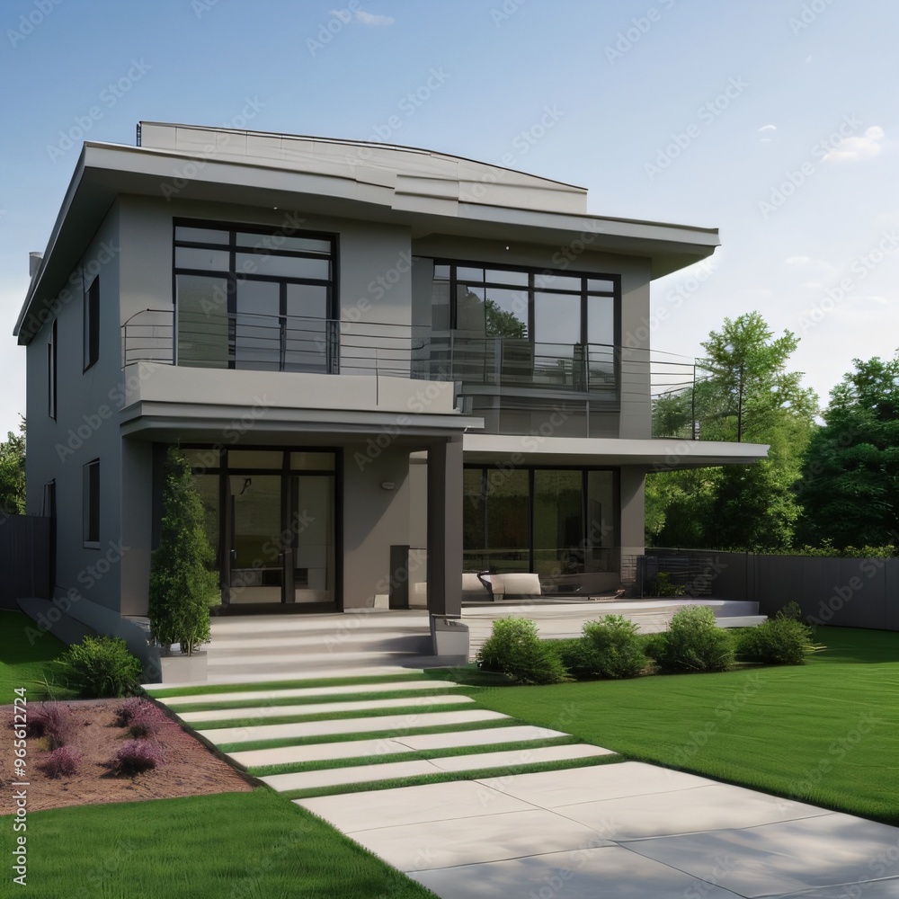 Fototapeta premium Modern luxury house with a well-manicured lawn..