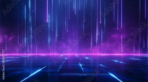 A vibrant digital landscape featuring neon lights and flowing gradients, perfect for futuristic themes and technological concepts. Stage for product presentation.