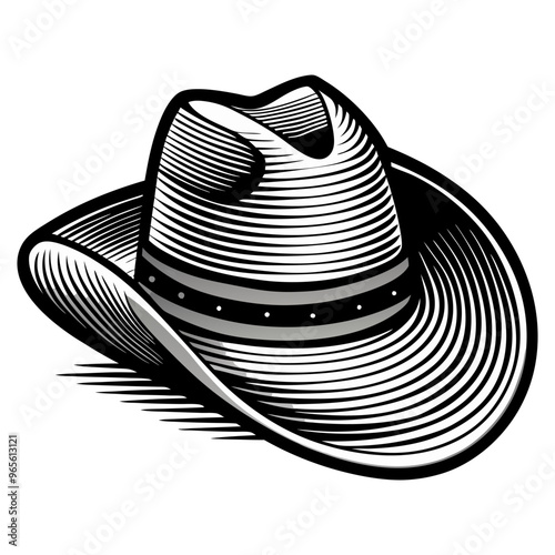 vintage engraved stylish fedora cowboy hat with detailed texture vector illustration. Country traditional western cowboy hat outline and icon.