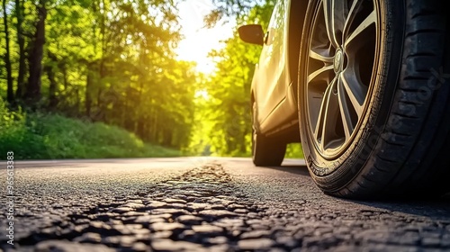  Car tire close-up on an asphalt road with a green forest background