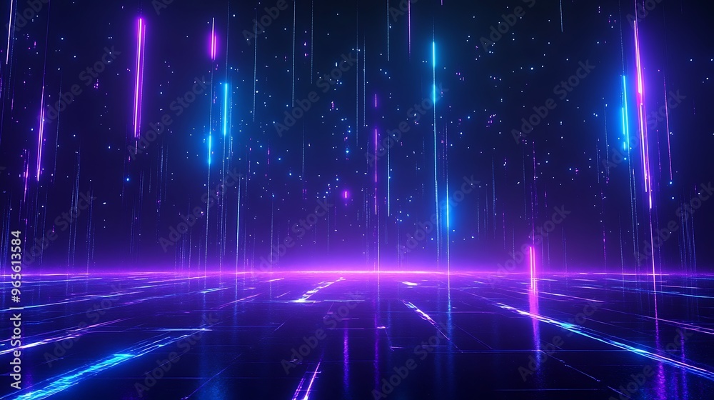 A vibrant digital landscape showcasing neon lights and reflections in blue and purple hues, perfect for tech and futuristic themes. Stage for product presentation. A vibrant digital landscape showcasing neon lights and reflections in blue and purple hues, perfect for tech and futuristic themes. Stage for product presentation.