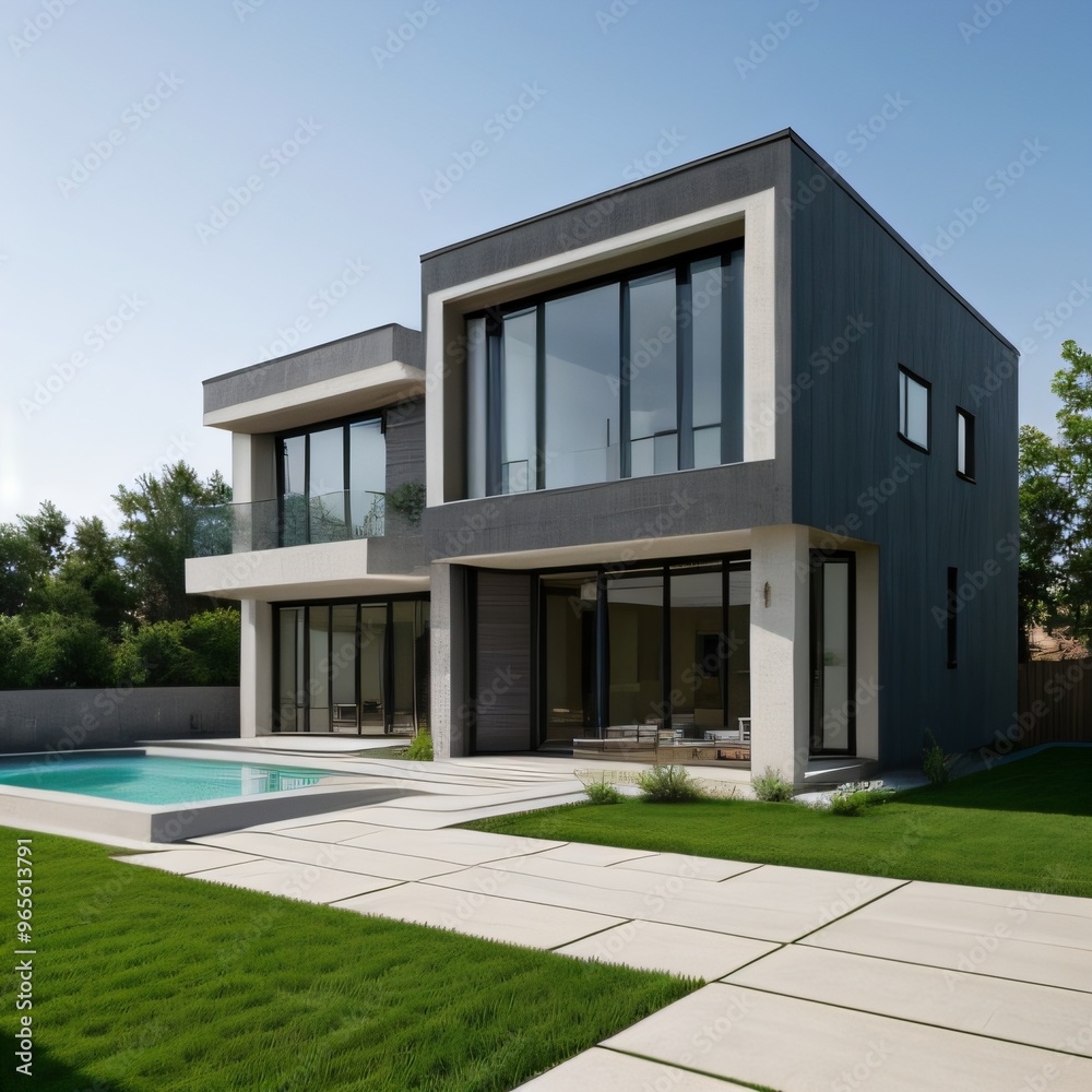 Modern luxury house with a well-manicured lawn..
