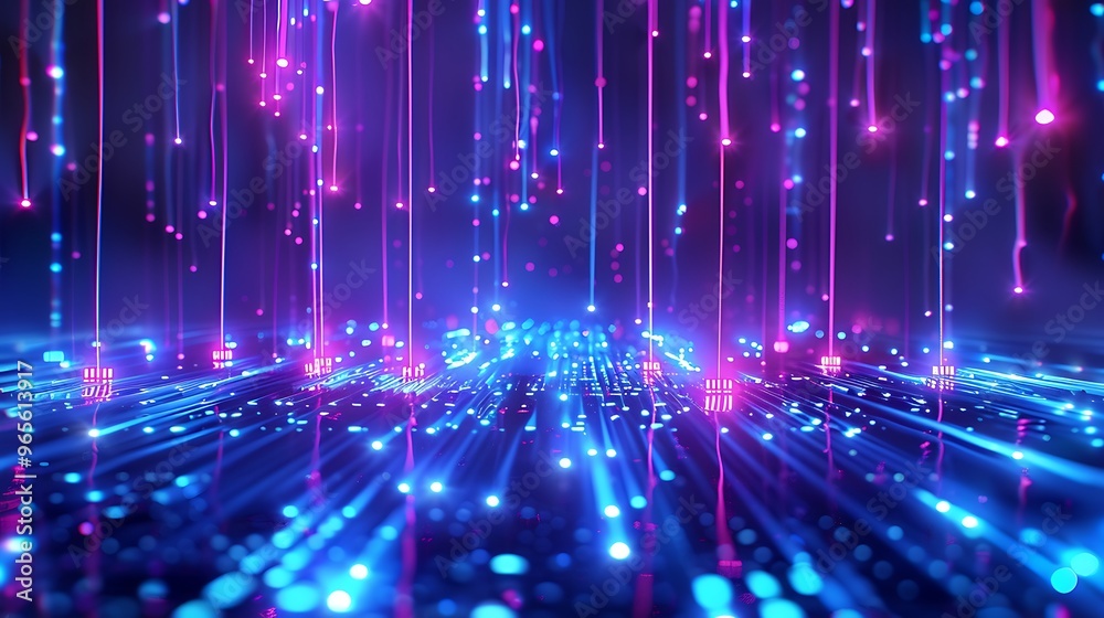 A vibrant digital landscape with colorful lights cascading down, creating a futuristic atmosphere filled with energy and depth. Stage for product presentation. A vibrant digital landscape with colorful lights cascading down, creating a futuristic atmosphere filled with energy and depth. Stage for product presentation.