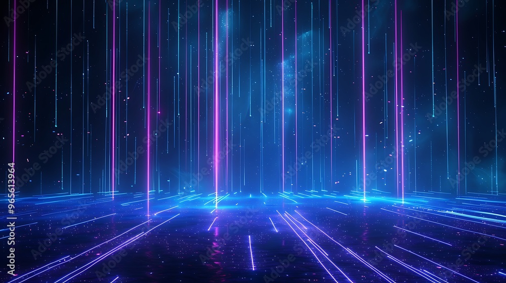 A vibrant digital landscape with colorful lines of light creating a futuristic ambiance. Ideal for technology and sci-fi themes. Stage for product presentation. A vibrant digital landscape with colorful lines of light creating a futuristic ambiance. Ideal for technology and sci-fi themes. Stage for product presentation.