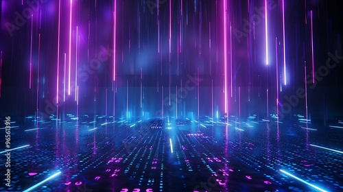 A vibrant digital landscape with colorful light beams and glowing patterns, perfect for technology and music themes. Stage for product presentation.