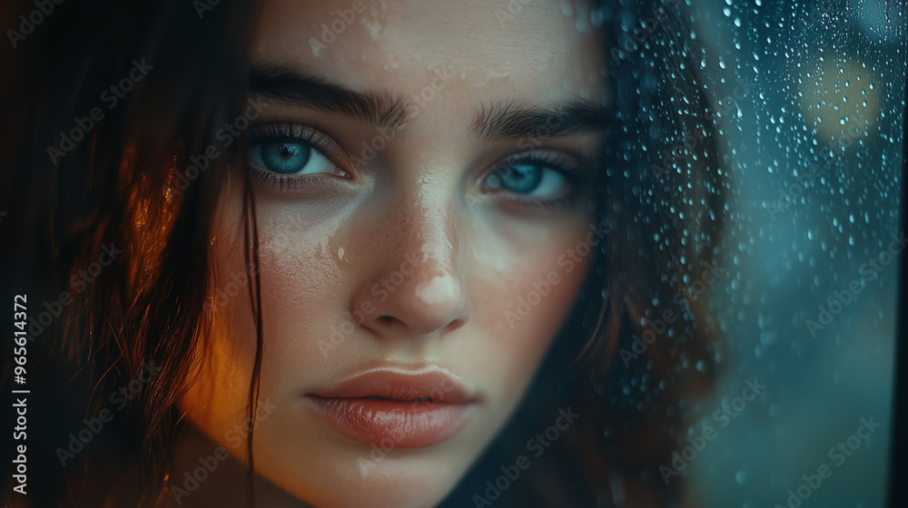 Contemplative Woman Behind Wet Window With Soft Light And Bokeh Effect Contemplative Woman Behind Wet Window With Soft Light And Bokeh Effect