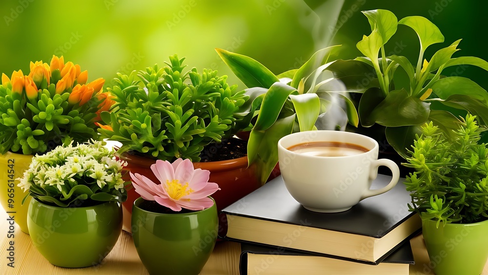 Plants in flowerpots and cup of coffee on books on green background Plants in flowerpots and cup of coffee on books on green background