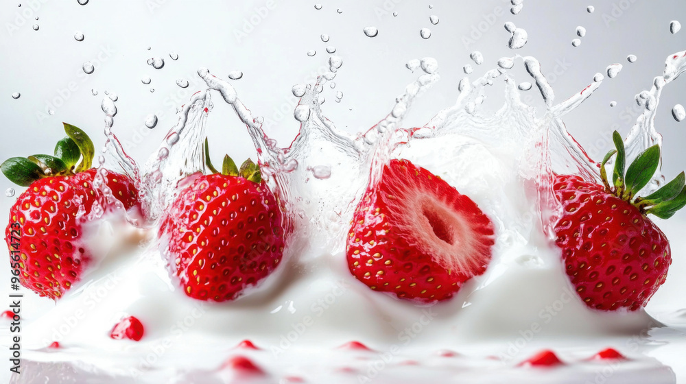 Fresh strawberry splashing into creamy yoghurt isolated on white background. Fresh strawberry splashing into creamy yoghurt isolated on white background.
