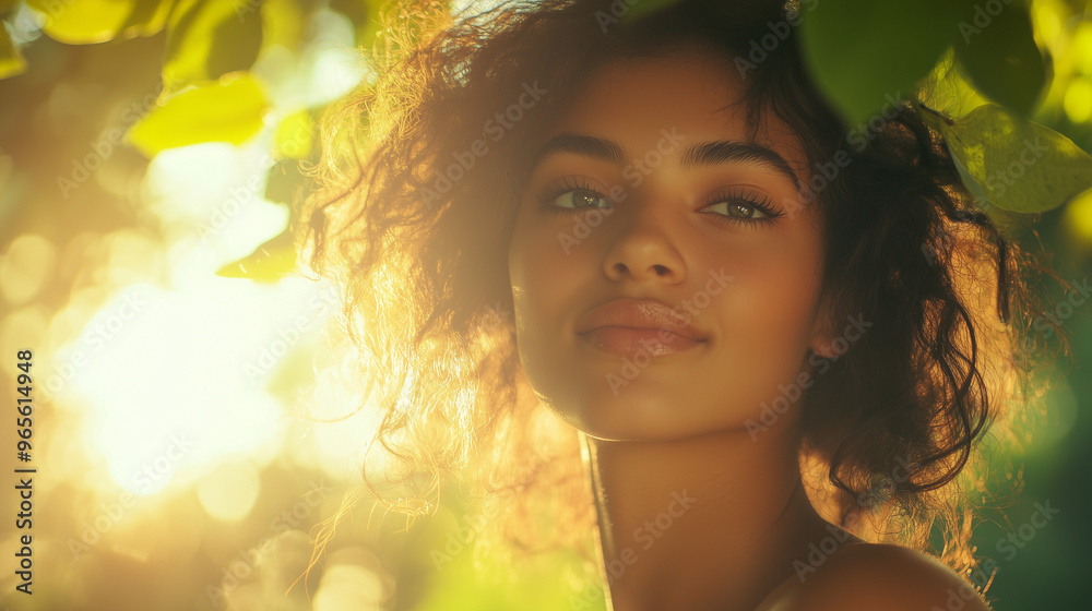 Fototapeta premium Backlit Portrait Of Smiling Woman With Curly Hair And Sun Flare
