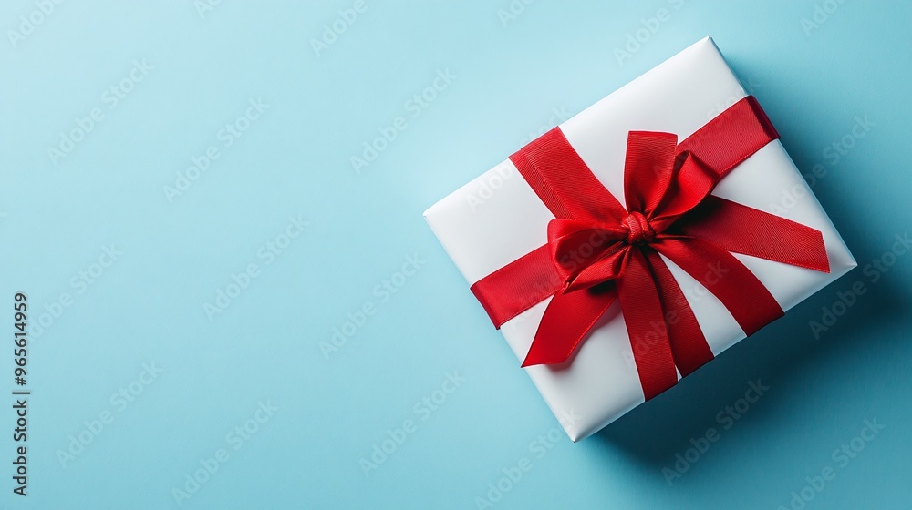 Valentine s Day and Mother s Day art design concept for promotion a red and white wrapped gift box isolated on a pastel light blue background flat lay top view. Copy space image Valentine s Day and Mother s Day art design concept for promotion a red and white wrapped gift box isolated on a pastel light blue background flat lay top view. Copy space image