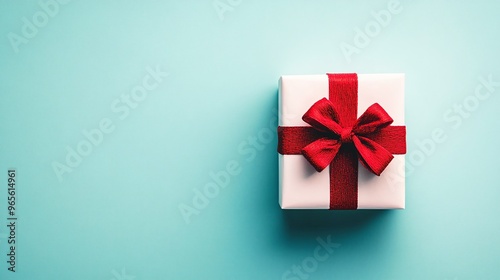 Valentine s Day and Mother s Day art design concept for promotion a red and white wrapped gift box isolated on a pastel light blue background flat lay top view. Copy space image