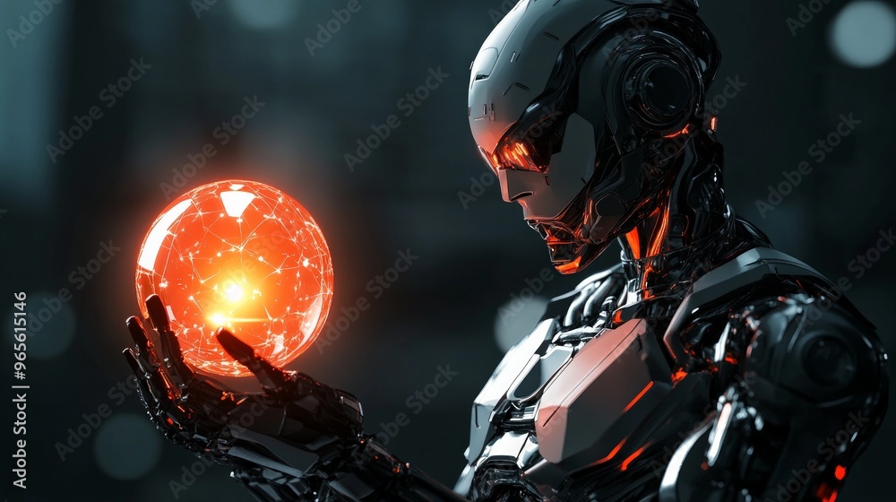 A futuristic robot holding a glowing energy orb, photorealistic 3D render A futuristic robot holding a glowing energy orb, photorealistic 3D render