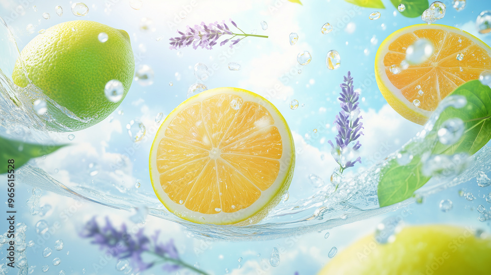 A refreshing splash of lemons and limes with lavender against a bright blue sky A refreshing splash of lemons and limes with lavender against a bright blue sky