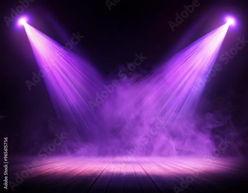 Illuminated stage with scenic lights and smoke. purple spotlight with smoke