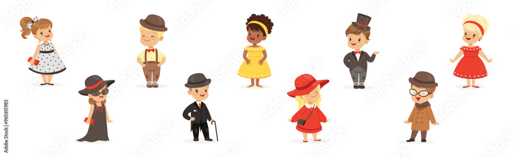 Little Boy and Girl Wear Elegant Fashion Dress and Apparel Vector Set Little Boy and Girl Wear Elegant Fashion Dress and Apparel Vector Set