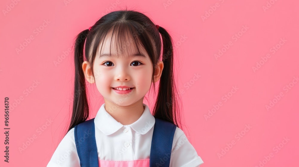 Smiling Little Girl in Pink and Blue School Uniform Smiling Little Girl in Pink and Blue School Uniform
