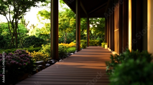 Serene wooden porch surrounded by lush greenery  capturing the tranquility of nature in the early morning sunlight.
