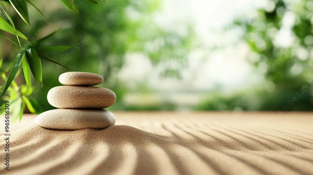 Serene zen garden with stacked stones and bamboo, creating a tranquil and peaceful atmosphere with soft sand and blurred greenery background. Serene zen garden with stacked stones and bamboo, creating a tranquil and peaceful atmosphere with soft sand and blurred greenery background.