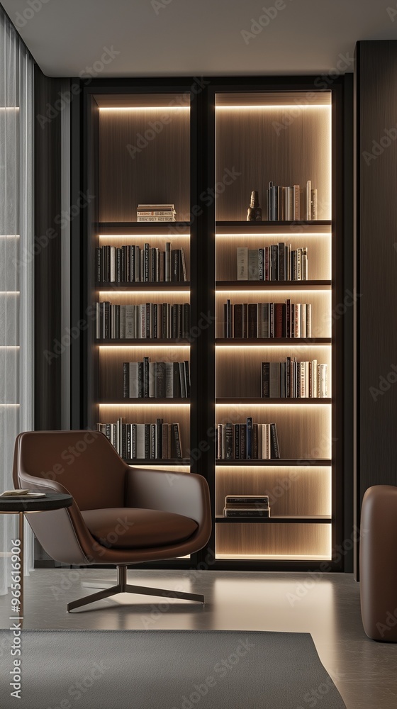 Fototapeta premium A minimalist bookshelf that provides a comfortable reading environment at home.
