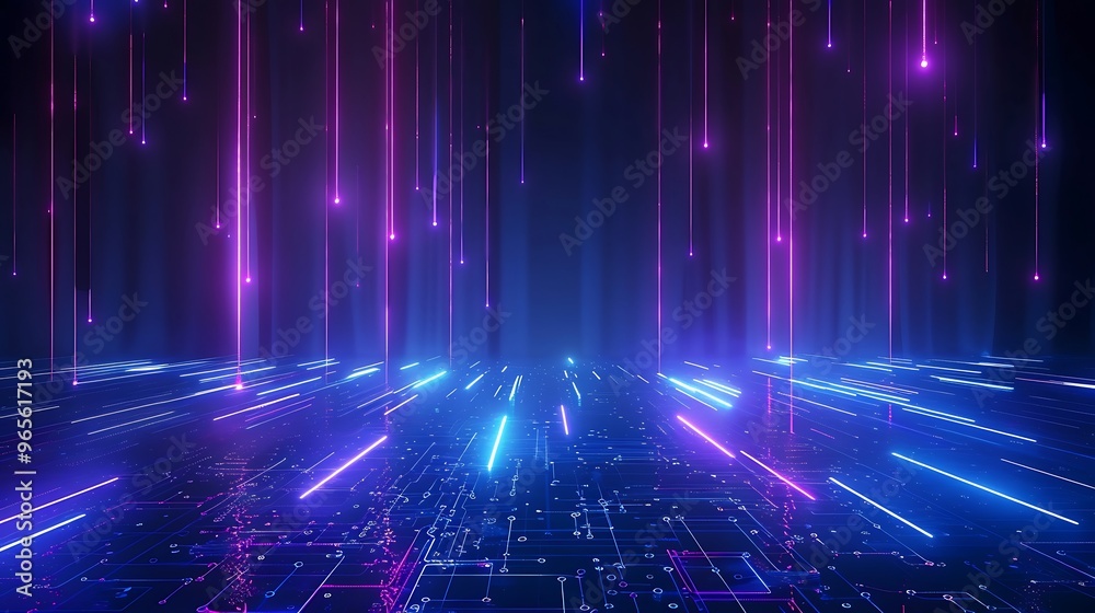 A vibrant neon digital landscape with colorful light beams creating a dynamic and futuristic atmosphere. Stage for product presentation. A vibrant neon digital landscape with colorful light beams creating a dynamic and futuristic atmosphere. Stage for product presentation.