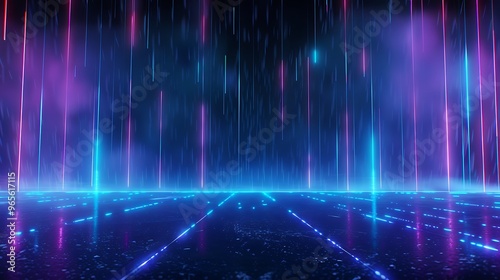 A vibrant neon digital landscape featuring colorful light beams and a futuristic ambiance, perfect for tech or sci-fi themes. Stage for product presentation.