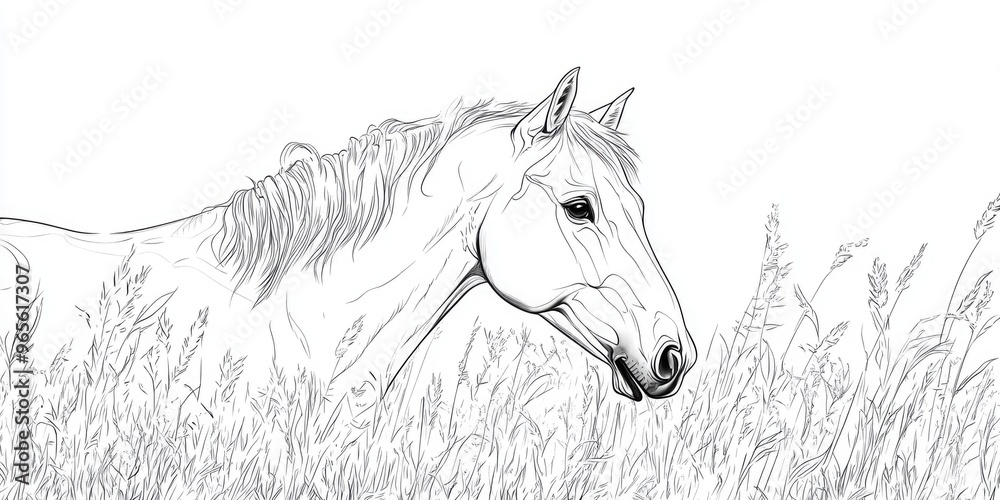 Horse in a Field, Line Art Horse in a Field, Line Art