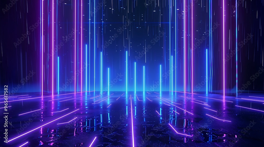 A vibrant neon landscape showcasing colorful light beams and reflective surfaces, creating a futuristic ambiance. Stage for product presentation. A vibrant neon landscape showcasing colorful light beams and reflective surfaces, creating a futuristic ambiance. Stage for product presentation.