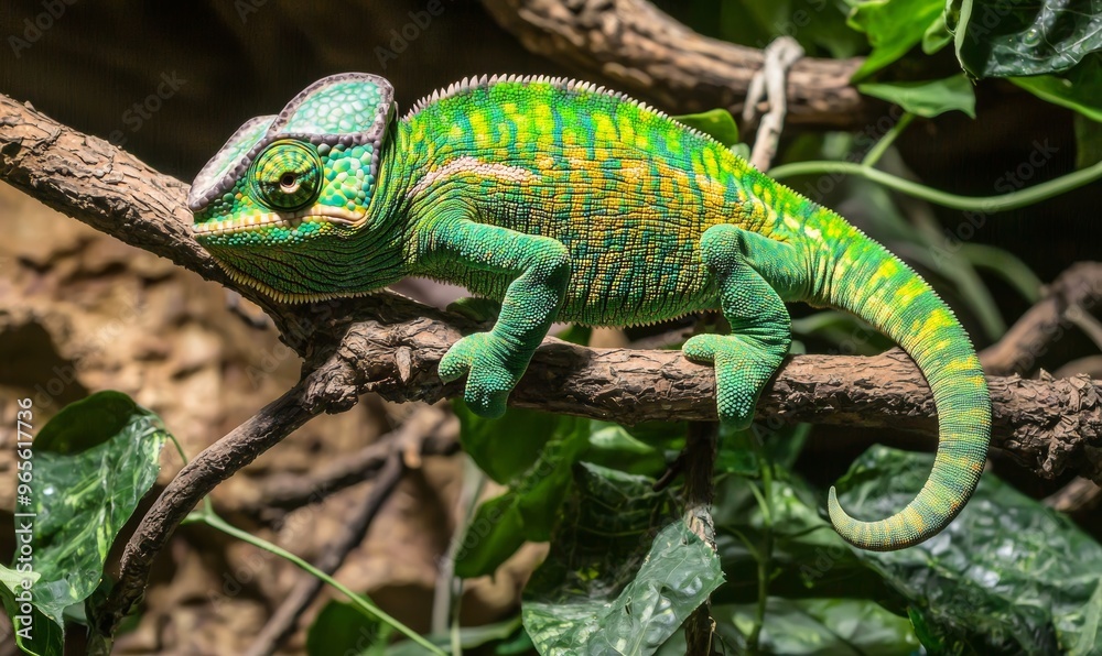 Illustration of realistic chameleon on branch of bush with iridescent skin in speckles over black background Illustration of realistic chameleon on branch of bush with iridescent skin in speckles over black background