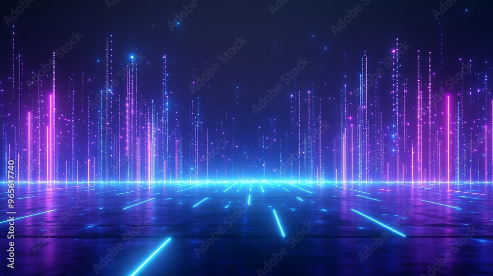 A vibrant neon landscape with glowing lines and colorful light beams creating a futuristic atmosphere. Stage for product presentation. A vibrant neon landscape with glowing lines and colorful light beams creating a futuristic atmosphere. Stage for product presentation.