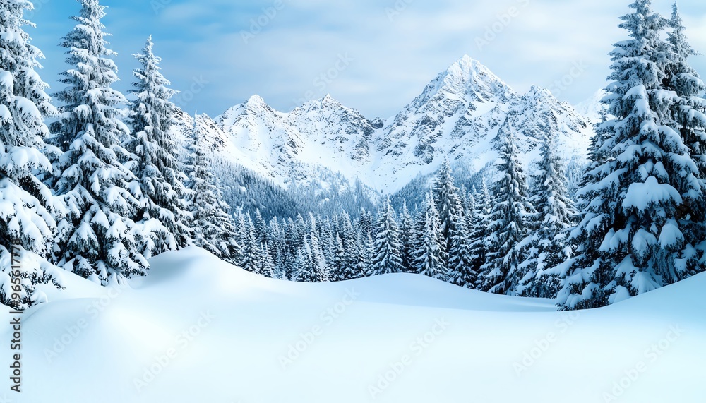 Fototapeta premium Heavy snowfall blanketing a mountain landscape, winter weather, cold and serene