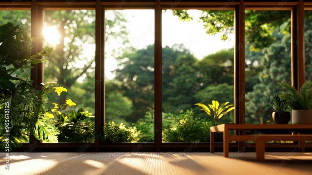 Fototapeta premium Sunlight streaming through large windows into a serene room filled with lush indoor plants, creating a calm and peaceful atmosphere.
