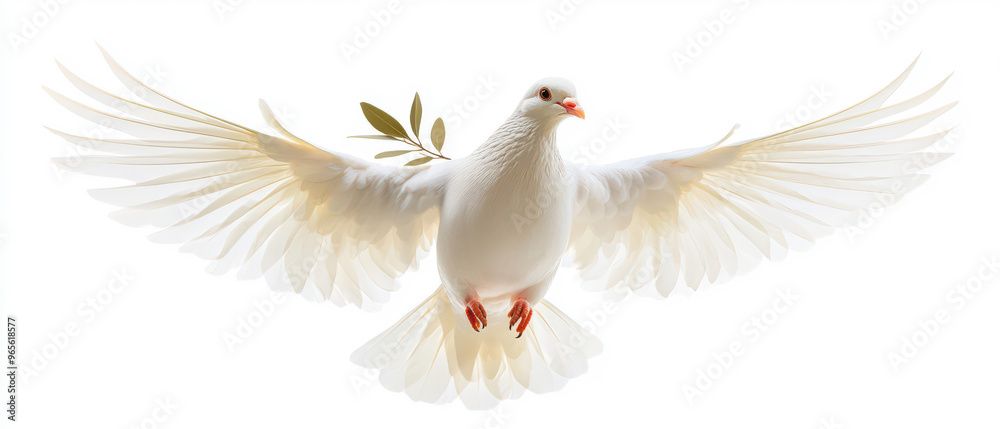 Obraz premium White dove in flight, symbolizing peace and freedom, with wings spread wide and an olive branch held gently, isolate on white background