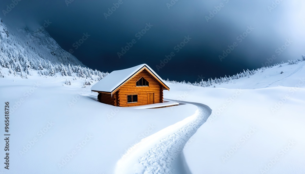 Snowstorm engulfing a mountain cabin, harsh weather, snowcovered surroundings Snowstorm engulfing a mountain cabin, harsh weather, snowcovered surroundings