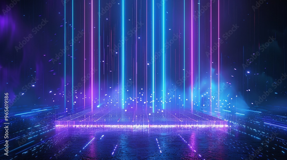 A vibrant scene featuring glowing neon lights and colorful beams, perfect for backgrounds or modern visuals. Stage for product presentation.