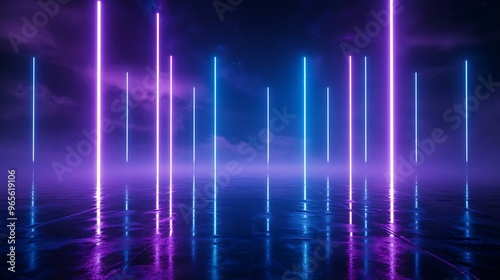 A vibrant scene featuring glowing neon light pillars reflected on a wet surface, creating an atmospheric and futuristic mood. Stage for product presentation.