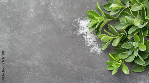 Fresh stevia leaves are artfully arranged next to white sugar cubes on a gray surface, creating an appealing contrast with plenty of space for additional text or messaging. photo