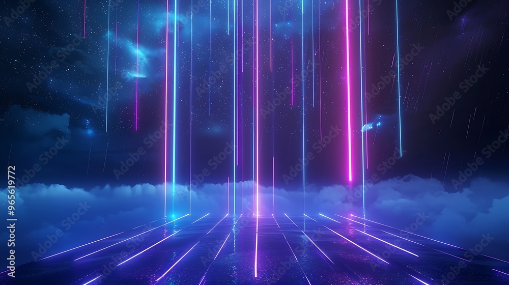A vivid, futuristic landscape with neon lights, digital elements, and ethereal clouds creating a striking visual atmosphere. Stage for product presentation. A vivid, futuristic landscape with neon lights, digital elements, and ethereal clouds creating a striking visual atmosphere. Stage for product presentation.